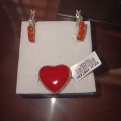 Red Coral Heart Ring And Red Coral Hoop Earrkngs
