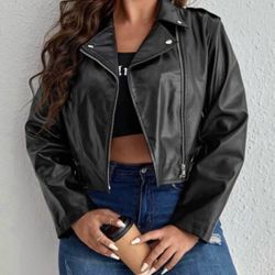😎 New! Black Faux Leather Motorcycle Zippered Cropped Moto Jacket Size 2XL