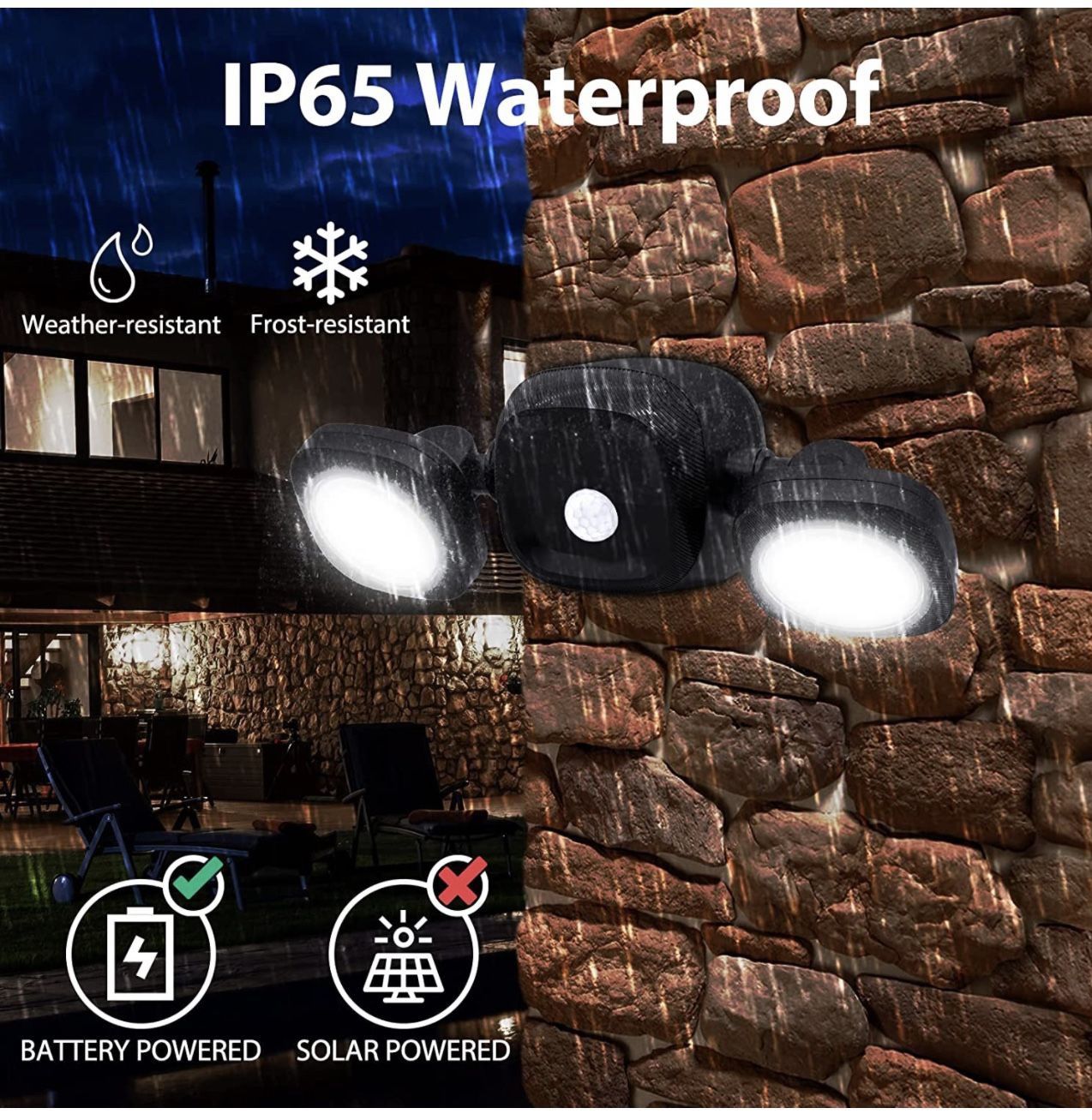 Motion Sensor LED Flood Lights Outdoor, Wireless Battery Operated Adjustable Dual Head Security Lights, Waterproof Spotlight with Motion Detector for 