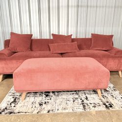 Beautiful modern 3-seater pink sofa with ottoman
