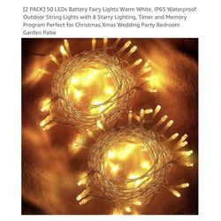 Brand new [2 PACK] 50 LEDs Battery Fairy Lights Warm White, IP65 Waterproof Outdoor String Lights with 8 Starry Lighting, Timer and Memory Program Per