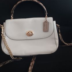 New Beige Leather Coach Purse With Gold Colored Hardware 