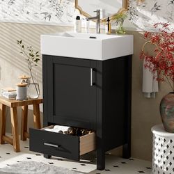 20 Inch Bathroom Vanity with Sink, Small Bathroom Storage Cabinet with Soft-Close Door & Storage Drawer, Modern Single Vanity with Ceramic Sink, Black