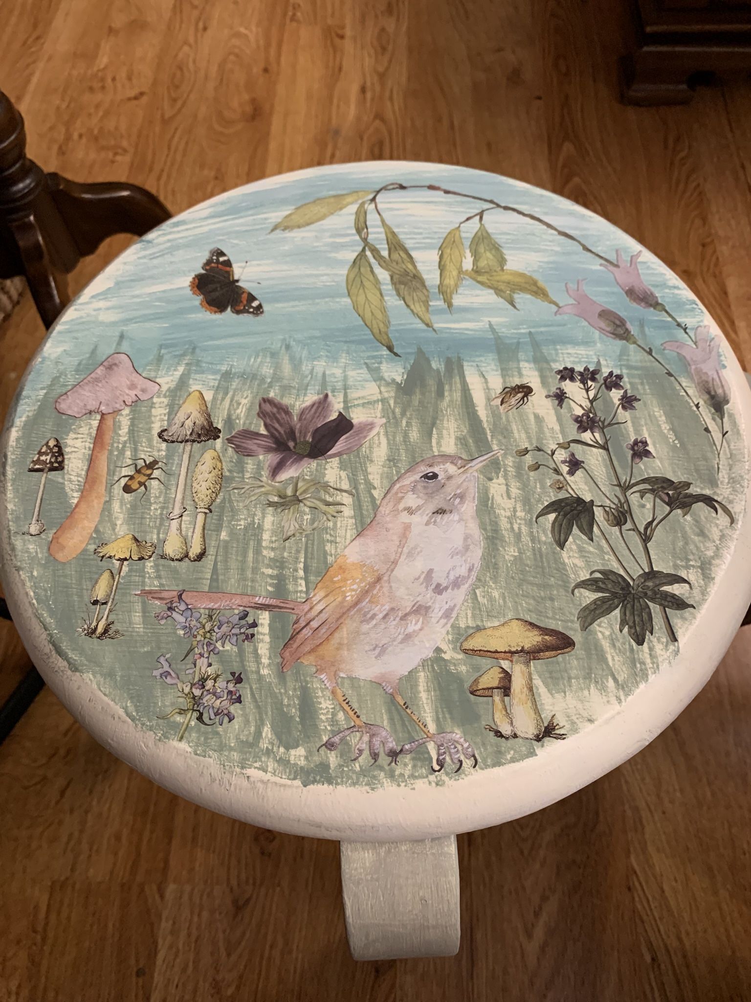 Story Stool, Yellow Bird In The Forest 17 1/2 inches high wooden stool.