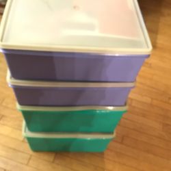 Four Medium  Size Storage Bins, Two Of Them (17” long X 14” Wide X9” Deep ) The Green Ones  The Other Two (17” Long X 14” Wide X 6” Deep)