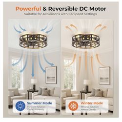 BLNAN 20" Farmhouse Ceiling Fan with Lights and Remote, Industrial Caged Low Profile Flush Mount Industrial Fandelier, 6 Speeds Bladeless Fan Lights f