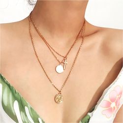 Vintage Multilayer Round Sequin Cross Pendant Necklaces