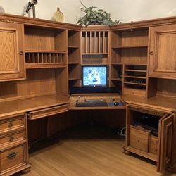 Corner Computer Desk with Hutch & 2 Double Drawer File Cabinet Oak 