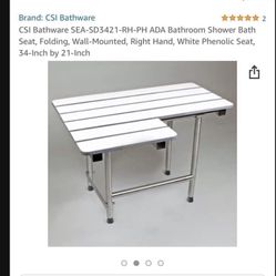 Bathroom Shower Bath Seat, Folding, Wall-Mounted, Right Hand, White Phenolic Seat, 34-Inch by 21-Inch