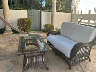 Patio Wicker Loveseat Set – 2 Loveseats + Glass Coffee Table