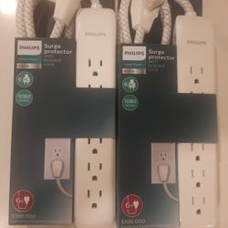 Brand new sealed (2 pack) Philips 6-Outlet Surge Protector Power Strip, Designer Braided Cord, 6ft C
