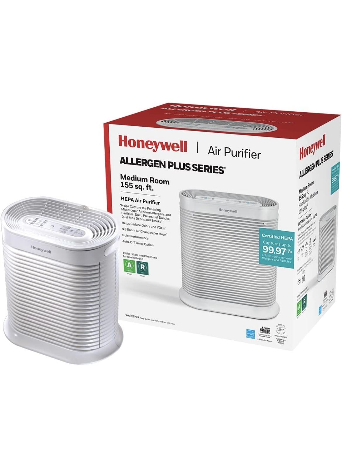 Honeywell HPA104 HEPA Air Purifier for Medium Rooms - Microscopic Airborne Allergen+ Reducer, Cleans Up To 750 Sq Ft in 1 Hour - Wildfire/Smoke, Polle