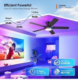 R4) Recessed ceiling fans with RGB side lights, 52-inch black RGB ceiling fan with 5 double-sided blades, 3CCT reversal motor, low profile fan light f