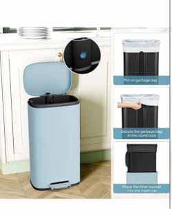 8-Gallon Blue Stainless Steel Kitchen Trash Can with Removable Inner Bucket, Foot Pedal, Soft-Close Lid, and Rear Handle. Suitable for the kitchen, of