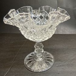 VTG Fenton Clear GLASS Diamond Cut Crimped Ruffled Pedestal Candy Dish Compote 