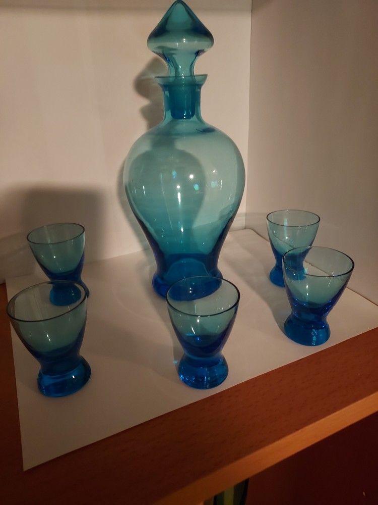 Vintage Blue Cordial Decanter and Glasses Set