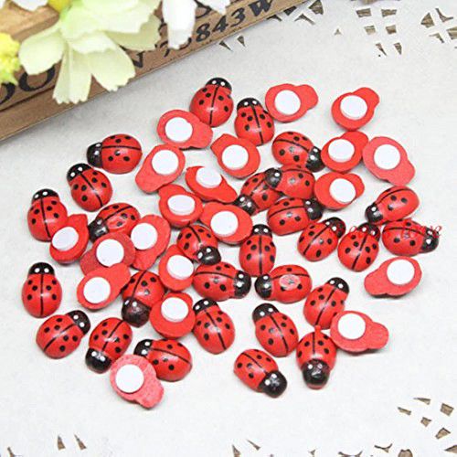 100PCS Self-Adhesive Ladybugs Wooden Ladybug Shaped Stickers