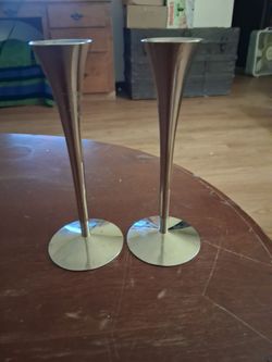 Set of 2 Silver Metal Candlestick Holders
