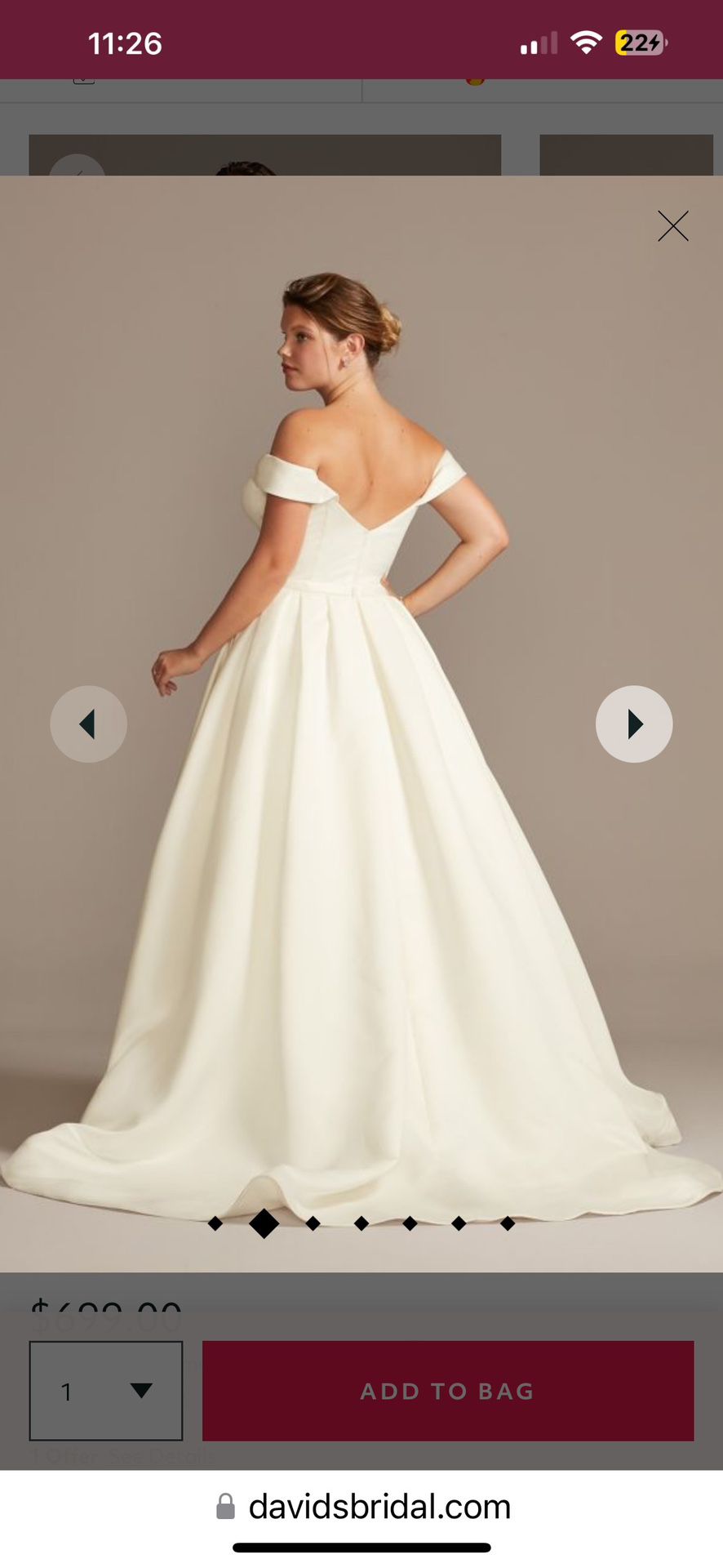 NEW** David’s Bridal off shoulder satin gown wedding dress - Ivory - size 24W plus garment bag
