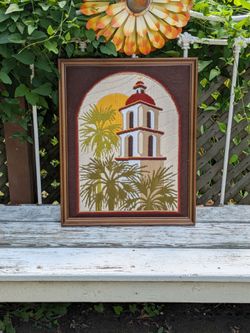 Vintage MCM Crewel Old Mission Church Palm Wood Rustic Framed Crewel Art