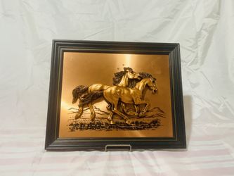 Framed Copper Equestrian RUNNING HORSES in Relief 