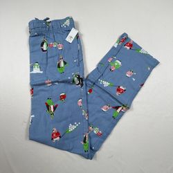 Blue Cotton Lounge Pants with Penguin Print, Large