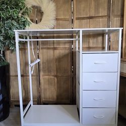 White Dresser for Bedroom with Hanging Rack and Charging Station, 4 Tall Storage Chest of Drawers