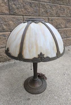 Vintage slag glass and metal dome table lamp with metal base