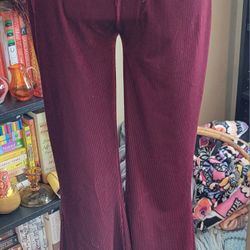 Burgundy Flare Bellbottom Leggings High Waist Vertical Stripe Women Size Medium