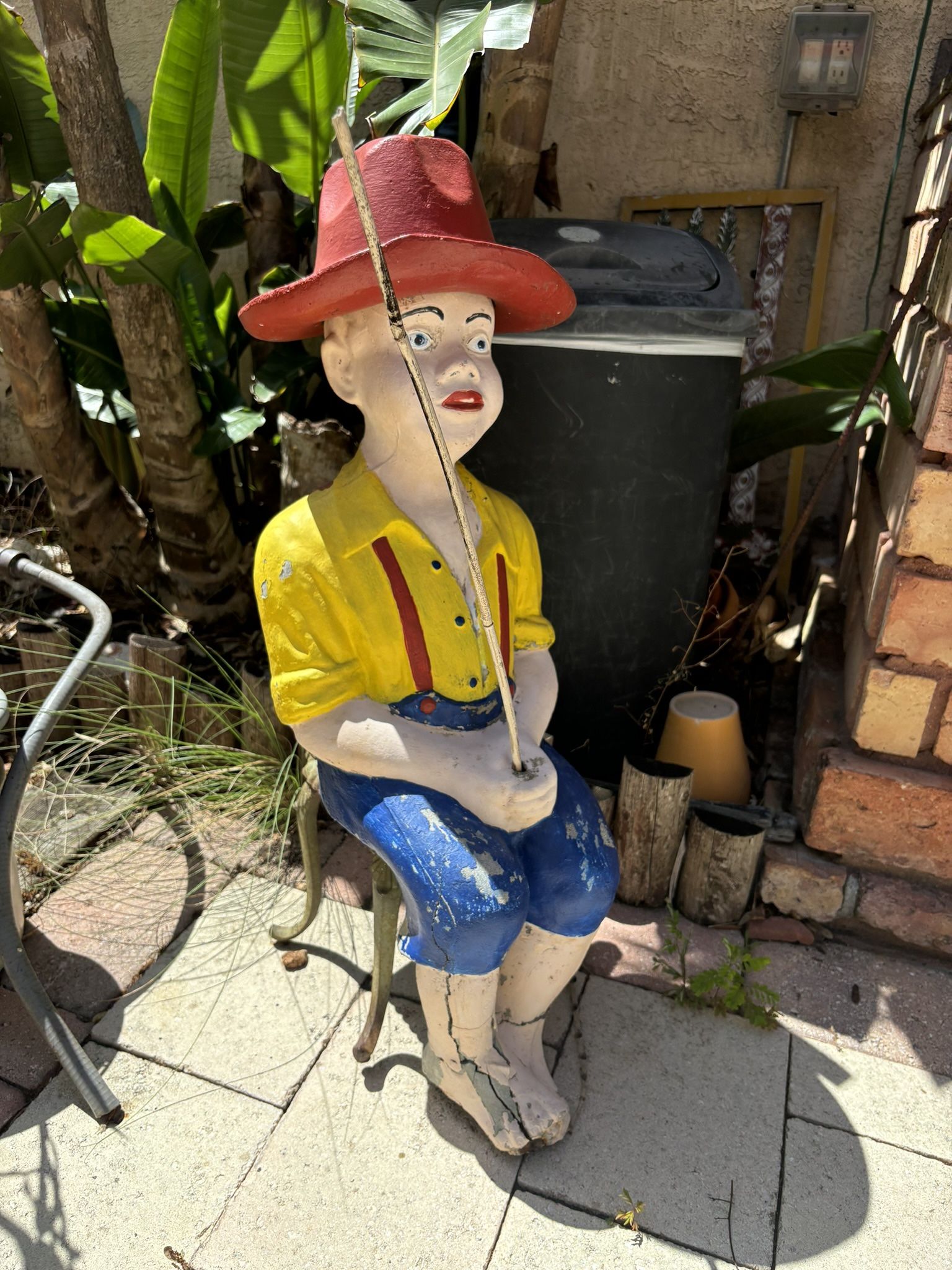 Antique White Boy Fishing Lawn Figure Statue