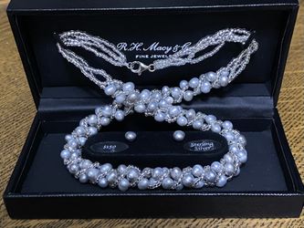 NEW RH Macy Gray Pearl And Silver Wrapped Necklace 16.5in With Silver Stud Earrings