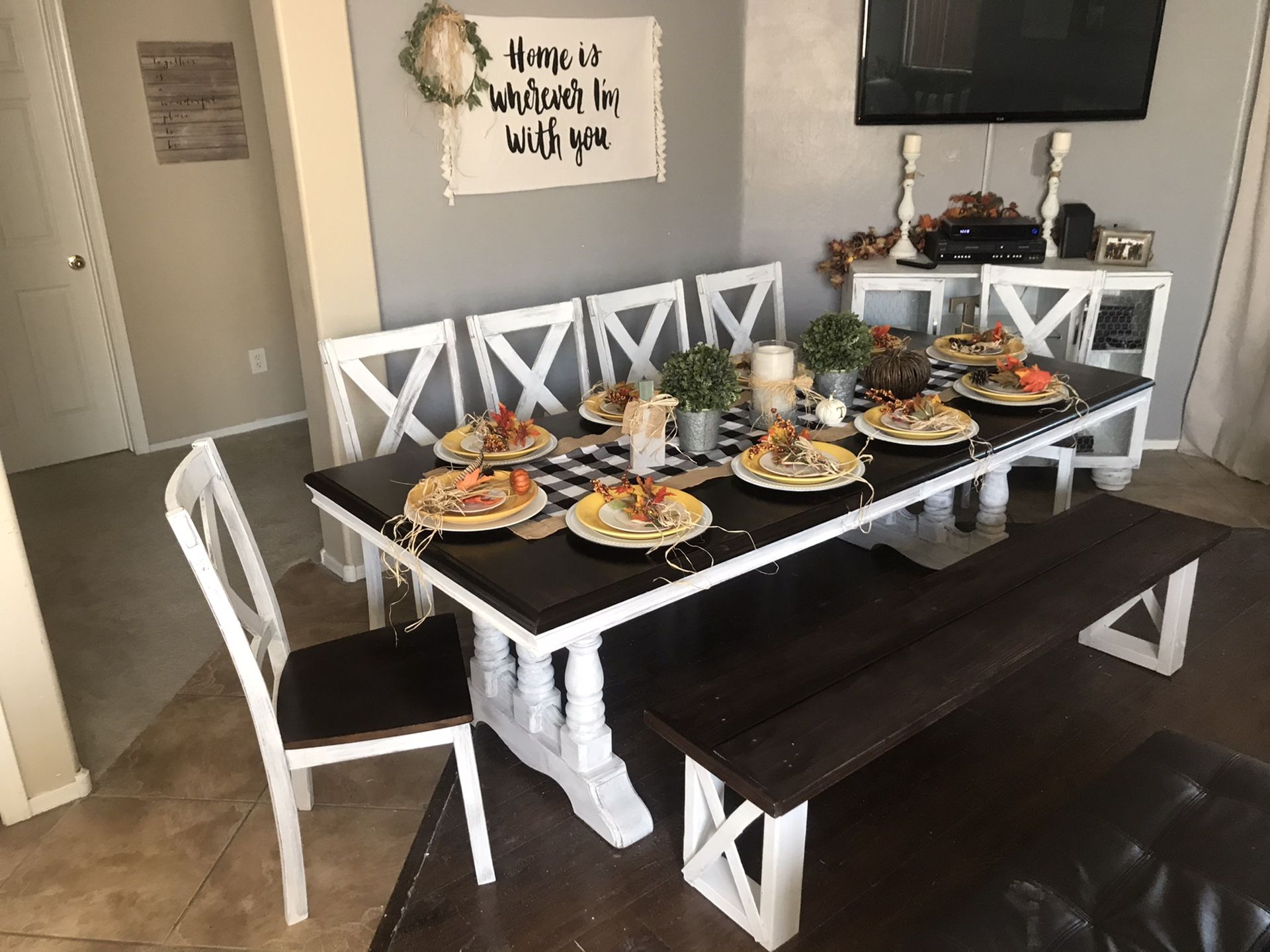 ❤️$550 large farmhouse dining set table 6 chairs white dark brown walnut bench trestle base 8 foot