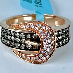 14K Pink Strawberry Rose Gold Cognac Chocolate Brown White Diamond Belt Buckle Anniversary Band Ring 