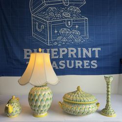 🌿 Andrea West Italy Hand-Painted Porcelain Set Lamp, Tureen, Teapot & Candle Holder | Rare Collection