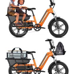 BRAND NEW - E-bike: HOVSCO HovCart 20” Orange Fat Tire Cargo Ebike W/ Child Carrier & Front Basket