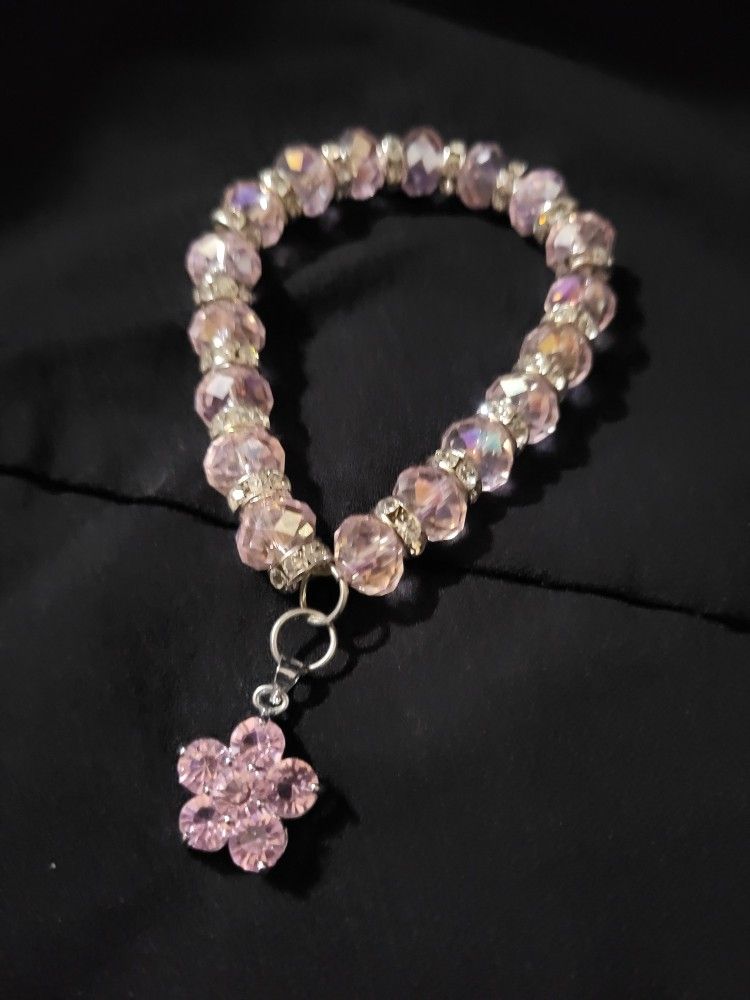 Pink And Opalescent Crystal Beaded Bracelet With Large Pink And Silver Rhinestone Flower Charm! 