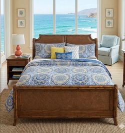 Tropical Bamboo Style King Bed Frame - Solid Wood Rattan Inlay - Coastal Resort