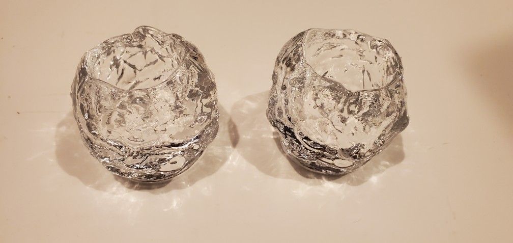 2 Kosta Boda  Crystal glass votive candle holders   Sweden Snowball Ann Warff 