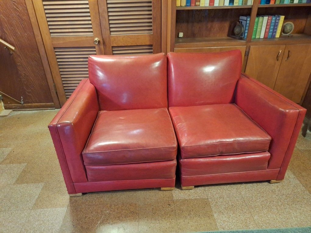 Mid-Century Modern Red Vinyl Modular Sofa Set