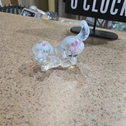 vintage Fenton clear opalescent glass playful puppy dog figurine, hand-painted with pink flowers. 