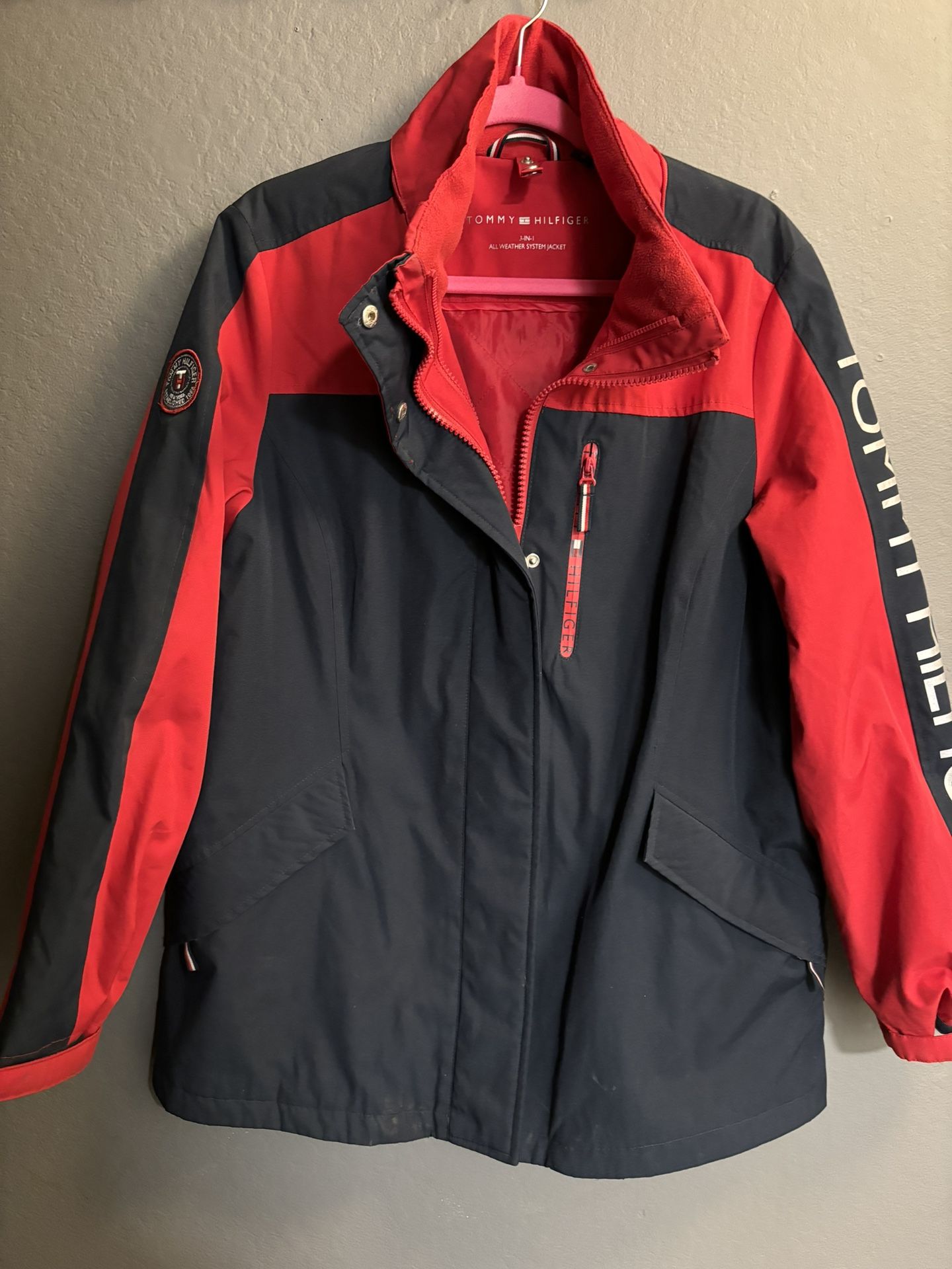 Tommy Hilfiger 3 In 1 All Weather System Jacket Red Blue Sz large men’s coat very good condition