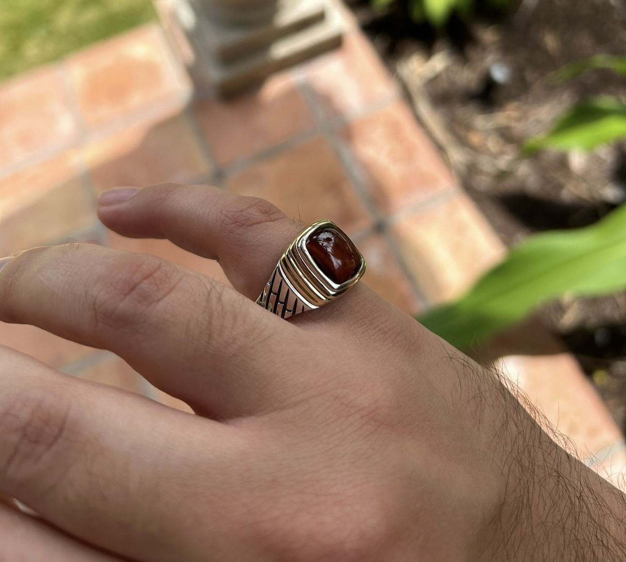 NEW Men's Tiger Eye Silver and Gold Ring