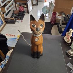 Vintage Hand Carved Solid Wood Whimsical Cat W/Boiled Metal Tail, Collar & Whiskers, Likely Made In Thailand 15"H SEE DESCRIPTION 