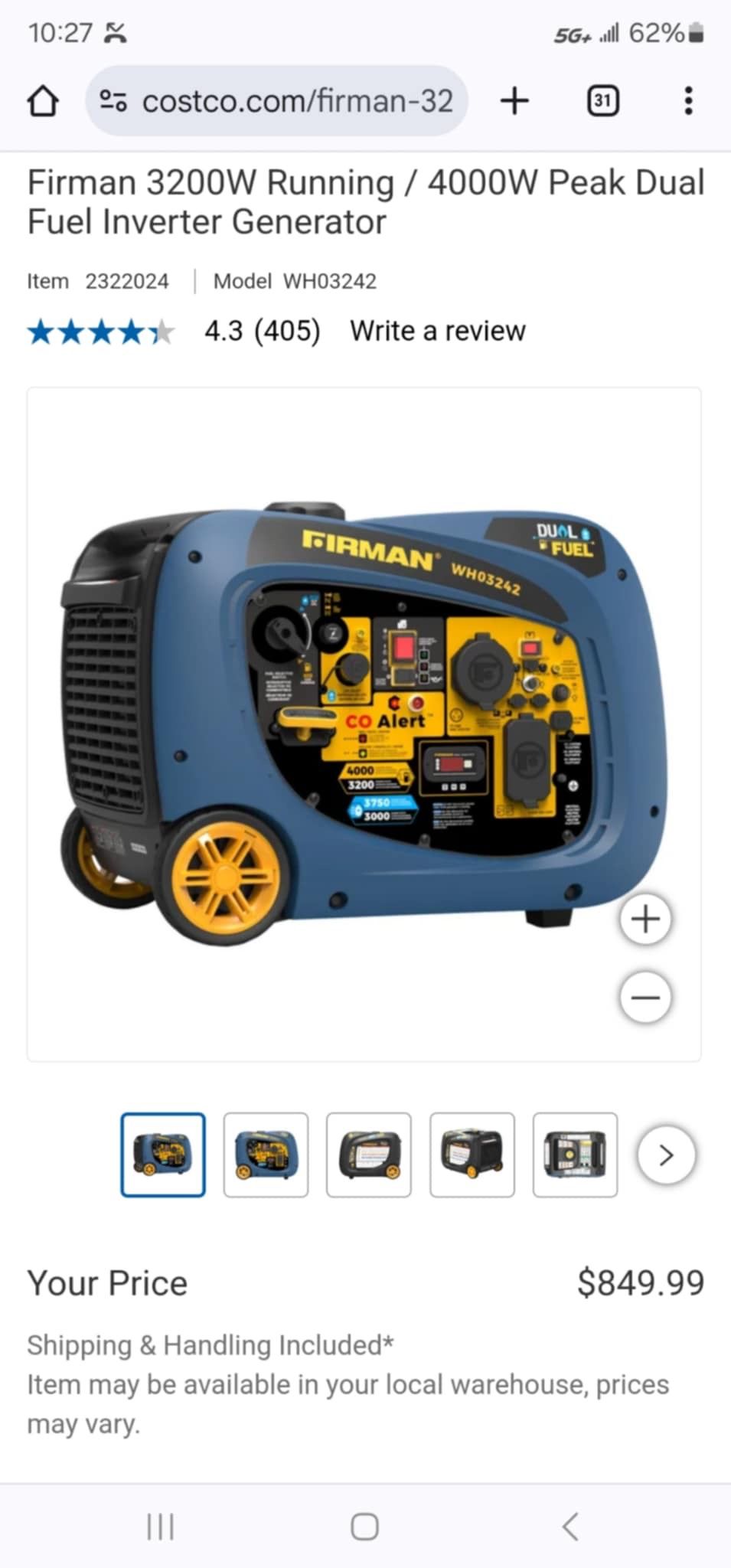 Firman 3200W Running / 4000W Peak Dual Fuel Inverter Generator