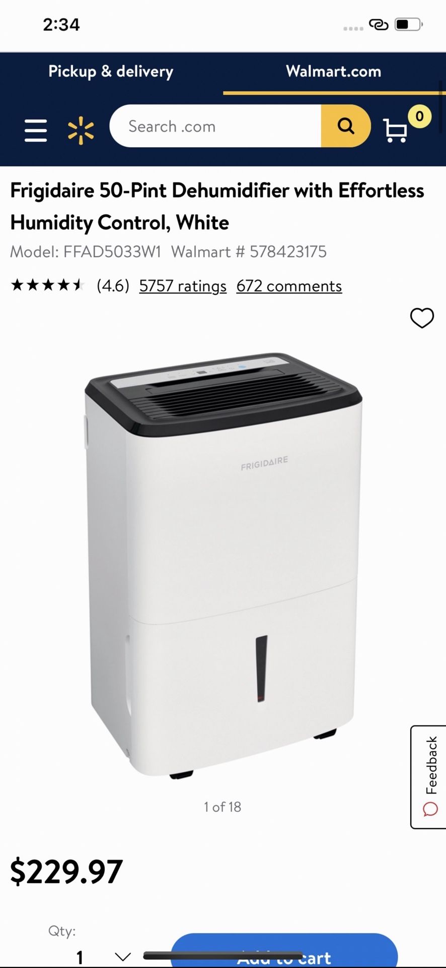 Frigidaire 50-Pint Dehumidifier with Effortless Humidity