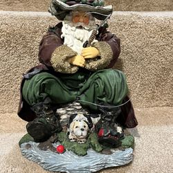 Fabric Paper Mache Old man Santa Fishing with dog figure