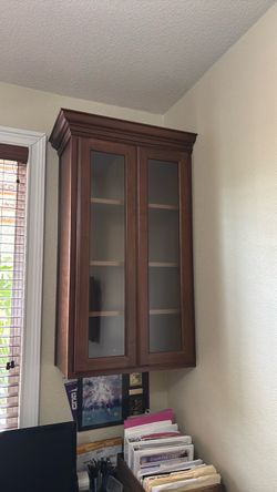 Dark Wood Wall Cabinet with Glass Doors