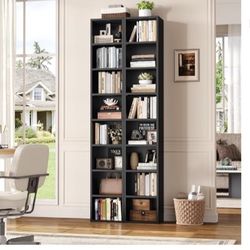 Two Piece 71 Inch Tall Narrow Bookshelf 8 Tier Black