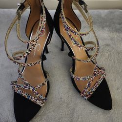Jessica Simpson Wylanne pointed toe , strappy multicolored rhinestone heels with zippered closure, adjustable strap and buckle. Size : 9.5M Color: Mul