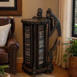 VTG Tiki African Tribal Drum Figures Hand Carved Wood Rotating 56 CD Rack Table